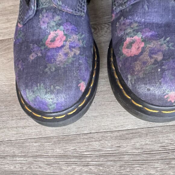 Dr. Martens Castels Airwaves Blue Denim Chambray Canvas Flower Combat Boots Wm 7 - Picture 5 of 16